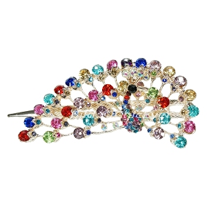 Schöne Haarspange Pfau aus Metall Strass & Acryl Haarklammer bunt rosa lila blau 5254